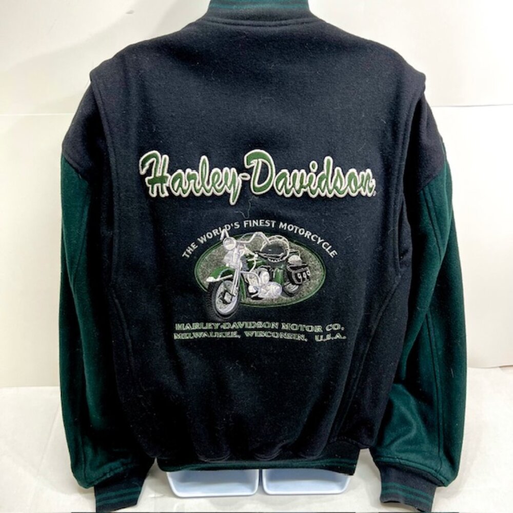 USA Harley Davidson Wool Quilt Bomber Jacket Mens M green Balck Full Zip (J94) - Picture 1 of 10